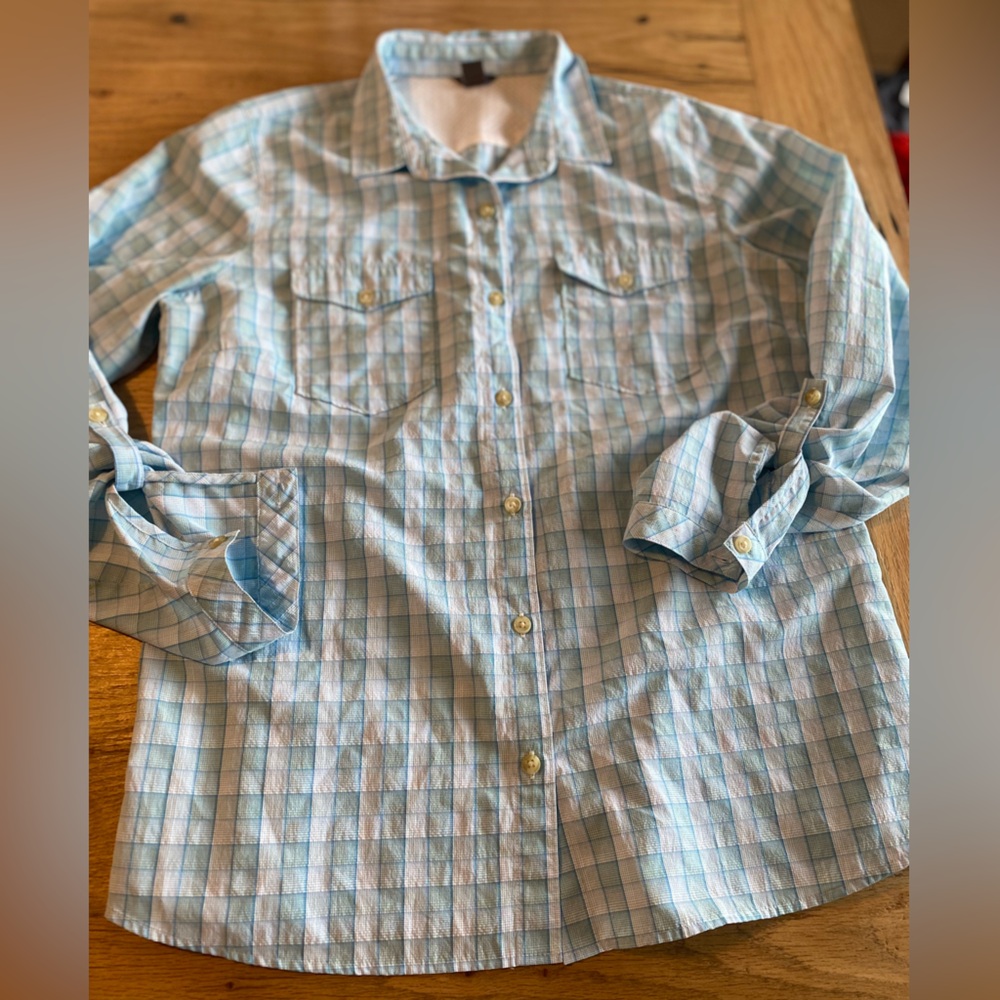 Eddie Bauer Plaid Button Down Long Sleeve Shirt Blue White Women’s Large Prelove